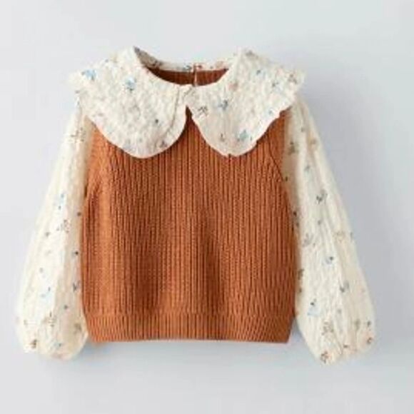 Zara Other - Zara Rust Knit Top with Cream Floral Collar & ZARA JEANS. LIKE NEW!